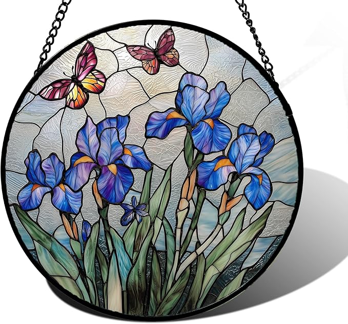 DASTOLL Stained Glass Window Hanging, Blue Iris Flowers Butterfly Suncatcher Diamond Colorful Glass Panel Sun Catchers Decor for Birthday for Women, Men, Wife, Aunt, and Mom 6.3 in