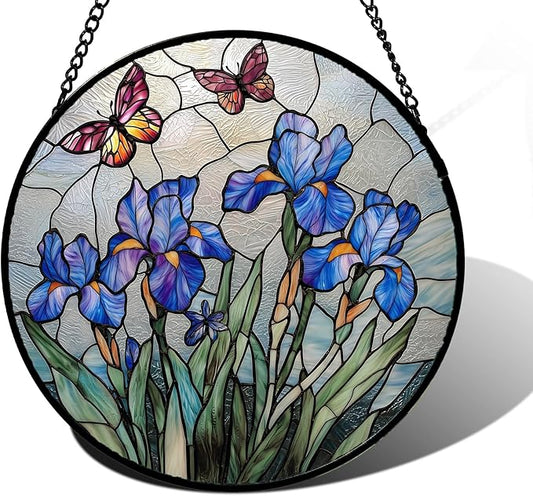DASTOLL Stained Glass Window Hanging, Blue Iris Flowers Butterfly Suncatcher Diamond Colorful Glass Panel Sun Catchers Decor for Birthday for Women, Men, Wife, Aunt, and Mom 11.8 in