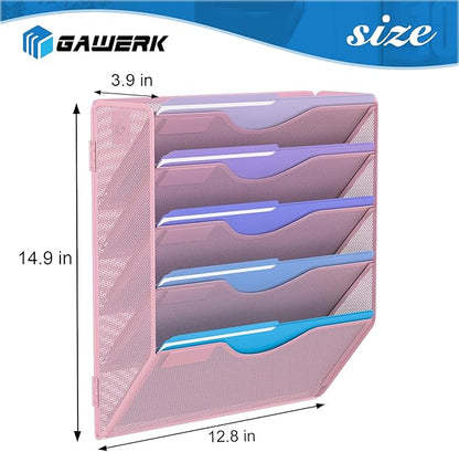 5 Tier Hanging Wall File Organizer, Mesh Mail Paper Orgnization Hanging File Folder Holder for Home Office, Pink