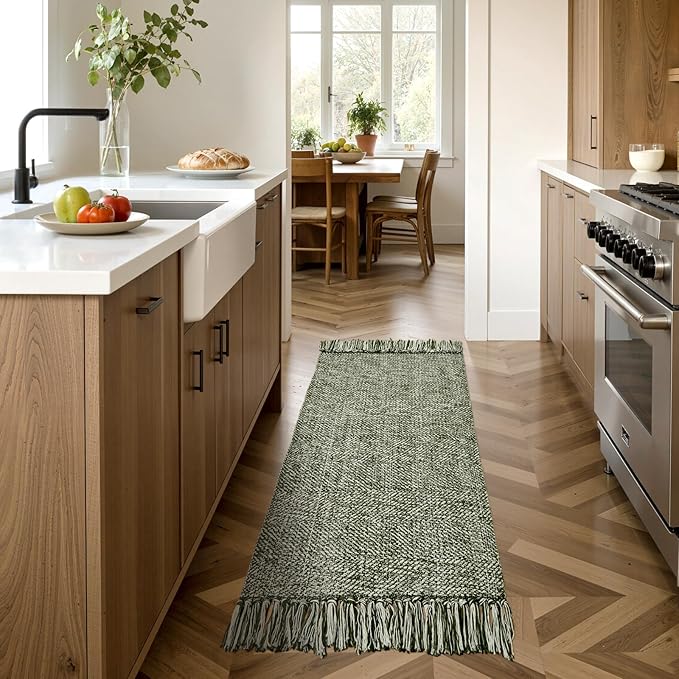 Collive Washable Kitchen Runner Rug, Modern Farmhouse Hand Woven Entryway Rugs Non Slip, Cotton Reversible Bathroom Carpet for Bedroom Hallway Foyer Back Door Decor, 2 x 4.3 ft Olive Green/Cream