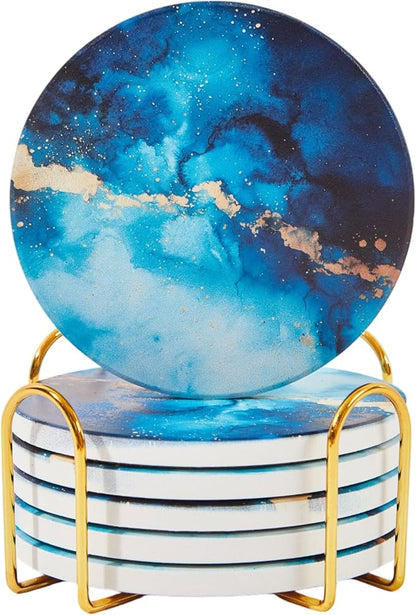 Absorbent Coaster Set of 6 with Holder, Drink Coasters for Coffee Table, Kitchen, Home Decor, Cute Ceramic Round Coasters, Alternative to Silicone, Cork or Glass Coaster (Sapphire)