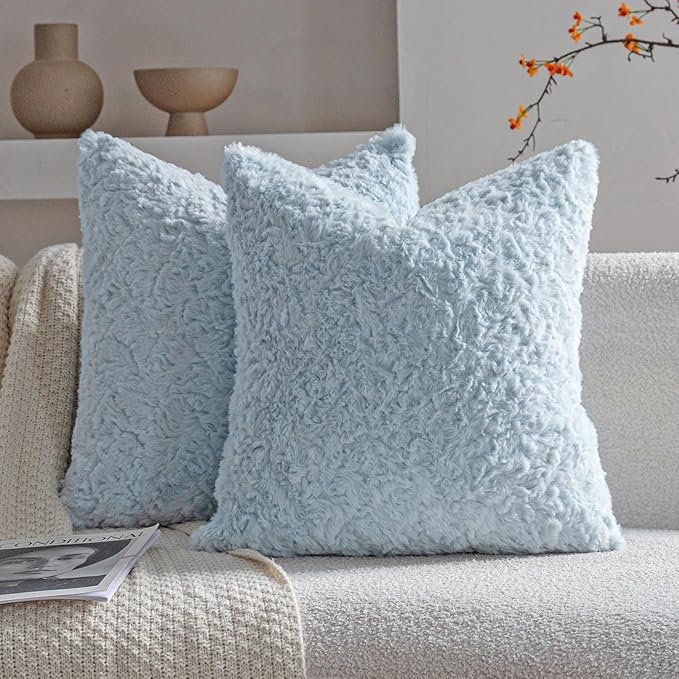 Neelvin Set of 2 Faux Fur Throw Pillow Covers 22x22 Inch Blue Cozy Soft Solid Decorative Pillowcases Thick Plush Sheepskin Cushion Case for Chair and Couch Sofa Bedroom
