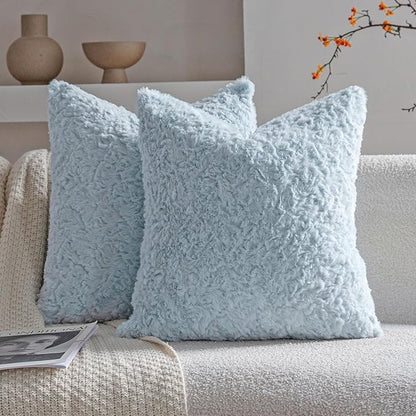Neelvin Set of 2 Faux Fur Throw Pillow Covers 22x22 Inch Blue Cozy Soft Solid Decorative Pillowcases Thick Plush Sheepskin Cushion Case for Chair and Couch Sofa Bedroom