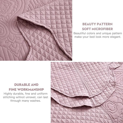 HZ & HY Oversized King Bedspread 128x120 Extra Wide, Ultrasonic Coverlet Bedding Set, Lightweight Thin Comforter, Reversible, 5 Piece, 100% Microfiber, Mauve Shadows