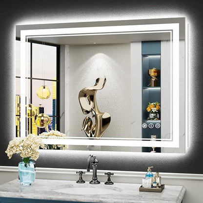 40x30 LED Bathroom Mirror with Lights, Backlit and Front Lit, Anti-Fog Lighted Vanity Mirrors for Bathroom Wall, Dimmable, 3-Color Light, Memory, Shatter-Proof, HD Tempered Glass, CRI＞90