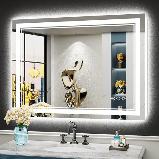 40x30 LED Bathroom Mirror – Backlit & Front Lit, Anti-Fog, Dimmable 3-Color Light, Shatter-Proof | Awandee