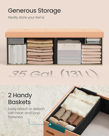 SONGMICS Mazie Collection - Storage Ottoman Bench, Foldable Foot Rest, 15 x 43 x 15 Inches, End of Bed Bench, Storage Chest, Load 660 lb, Living Room, Bedroom, Entryway, Apricot ULSF277O01