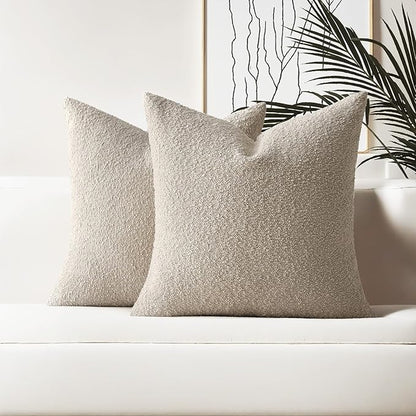 HAUSSY Set of 2 24x24 Decorative Throw Pillow Covers, Soft Cozy European Pillow Shams Textured Boucle, Home Decor for Couch Bed Living Room, Oatmeal