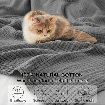 100% Cotton Muslin Blanket Queen 90" x 90", Breathable and Lightweight Cotton Throw Blankets for Bed, Soft Cooling Summer Gauze Blanket for Adults All Season, Charcoal Grey