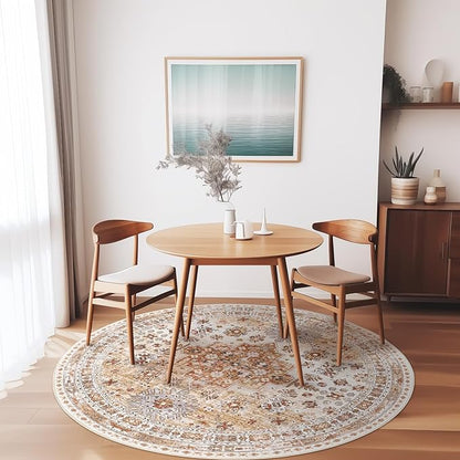 zesthome 8ft Round Rugs for Living Room, Non-Slip Washable Round Area Rugs, Ultra-Thin Large Circle Rugs, Soft Low Pile Rug for Bedroom, Kitchen - Vintage Stain Resistant Round Rug (Orange,8'x8')