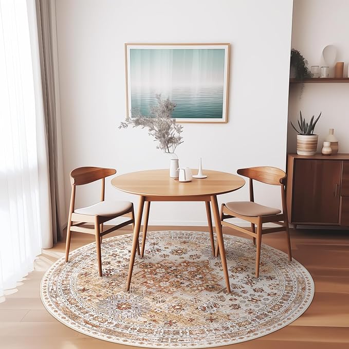 zesthome Washable Round Rug - 5ft Ultra-Thin Circle Area Rugs, Vintage Non-Slip Low Pile Rug for Living Room, Stain Resistant Rug for Bedroom, Entryway, Kitchen, Nursery