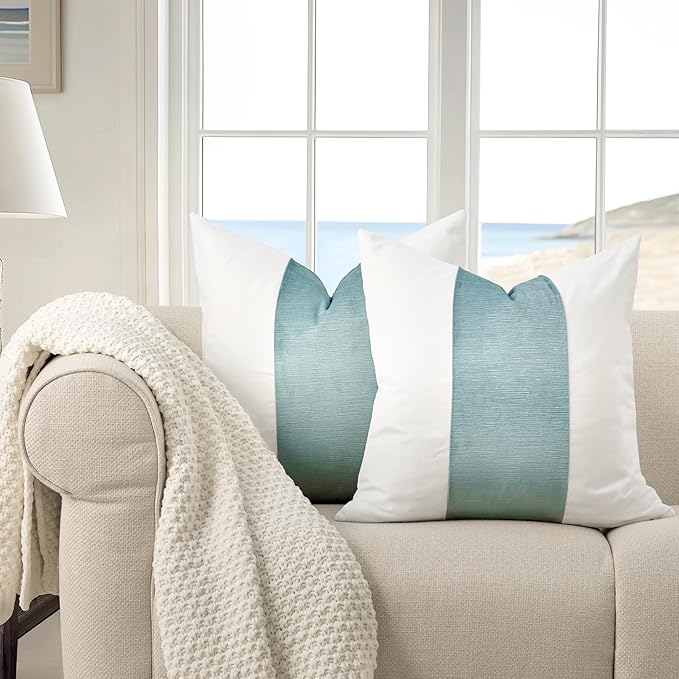 EVERGRACE x Kinsey Walsh Signature Velvet Panel Cotton Pillow Covers Set of 2, Decorative Pillow Covers 20"x20" for Couch, Square Cushion Cases for Sofa Bedroom Living Room, Aquamarine