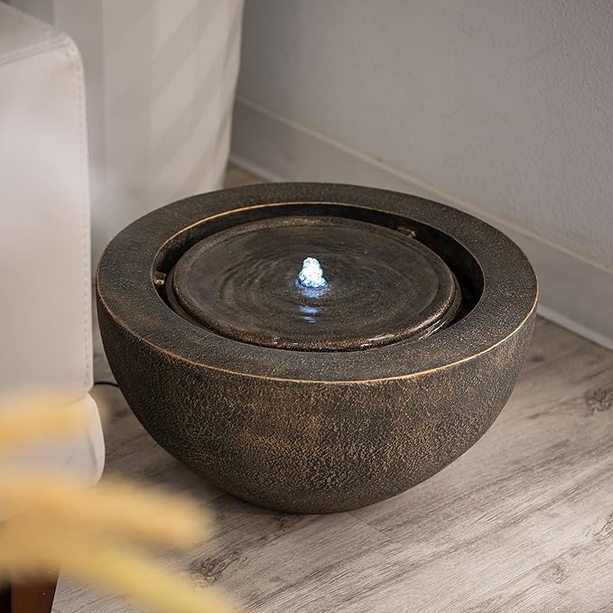 Xbrand 19.8" W Round Polyresin Indoor/Outdoor Sphere Fountain w/LED Light, Bronze