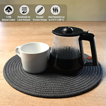 Round Placemats, Set of 4, Handmade by Braided Cotton Cord for Kitchen and Dining Table, Dia. 12.6 Inch, Doublesided, Heat Resistant, Dark Gray