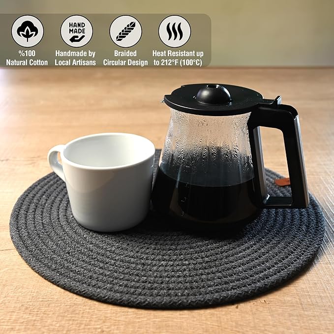 Round Placemats, Set of 6, Handmade by Braided Cotton Cord for Kitchen and Dining Table, Dia. 12.6 Inch, Doublesided, Heat Resistant, Dark Gray