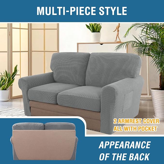 H.VERSAILTEX Multi-Pieces Sofa Covers Stretch Couch Covers Form Fitted Seats and Back Cushions Covers (2 Seat Covers Plus 2 Back Cusion Covers, Bonus 2 Armrest Covers), Dove