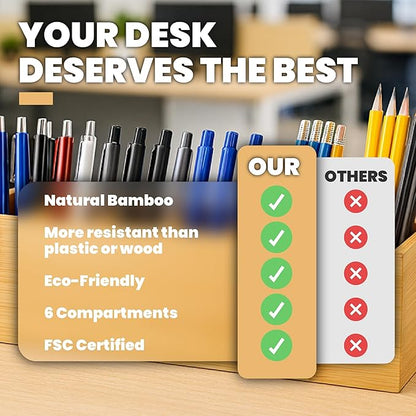 Bamboo Pencil Holder 13.3 X 3.1 X 3.8 In with 6 Adjustable Compartments. Desk Pencil Holder - Pen Holders for Desk, Desktop Pen Organizer - Pens Organizer, Organizador de Lapices