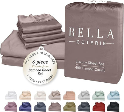 Bella Coterie 6 Piece Luxury Bamboo Viscose Split Top King Size Sheet Set | 34" Split for Adjustable Beds | 100% Organically Grown| Cooling | 18” Deep Pocket | 4 Pillowcases [Mocha]