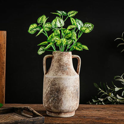Ceramic Flower Vase with Handles,11 inch Farmhouse Vase,Rustic Vintage Terracotta Vases for Home Decor,Living Room,Kitchen Shelf,Table,Fireplace,Holiday & Weddings Centerpiece (Terracotta-L-1622)