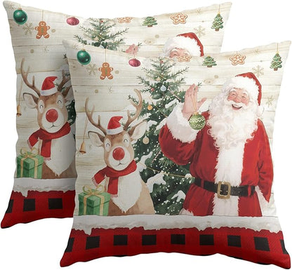 Christmas Pillow Covers 18x18 Set of 2 Red Santa Throw Pillow Covers Winter Deer Pillowcase Linen Decoration Farmhouse Cozy Soft Cushion Case Couch for Indoor Outdoor Home Decor