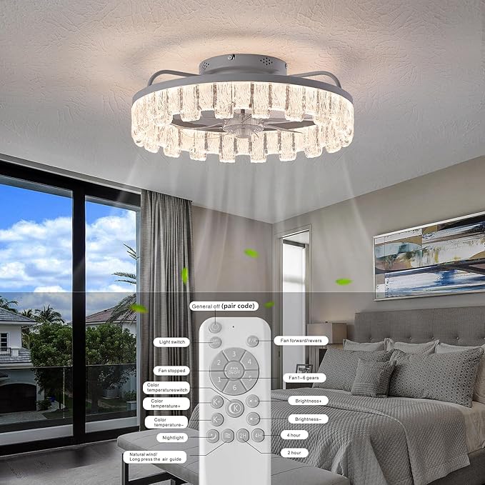Rustic Silver Caged Ceiling Fan with Light, Personalized Fashion Ceiling Fan Remote Control with Acrylic, LED Low Profile Ceiling Light for Bedroom Kitchen Living Room