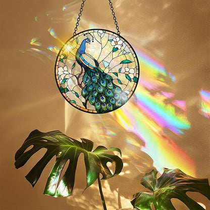 VAIIEYO Peacock Acrylic Sun Catcher Window Hanging Decoration Animal, 7.8 Inch Double-Sided Light Reflecting Ornament for Window, Garden, Porch or Balcony Decor, Housewarming, Gift for Natural Lovers