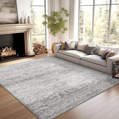 8x10 Area Rugs for Living Room, Stain Resistant Washable Rugs for Dining Room, Kitchen, Floral Vintage Non-Slip Thin Gray Large Area Rug(Grey, 8'x10')