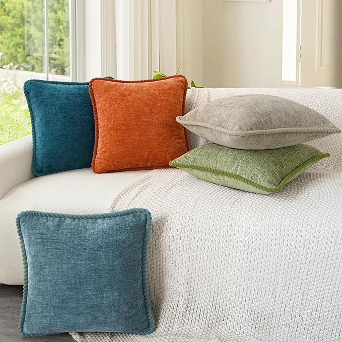 CaliTime Decorative Couch Throw Pillow Covers 18 X 18 Inches Pack of 2 Cozy Chenille Piping Edge Cushion Cases for Sofa Bed Living Room Home Light Taupe