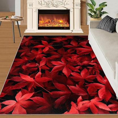 Maple Leaves Living Room Rugs, Red Leaves Area Rugs 5x7 Rug Canada Maple Leaf Non-Slip Washable Rugs Stain Resistant Rug Low-Pile Throw Rug for Bedroom Dining Room Office