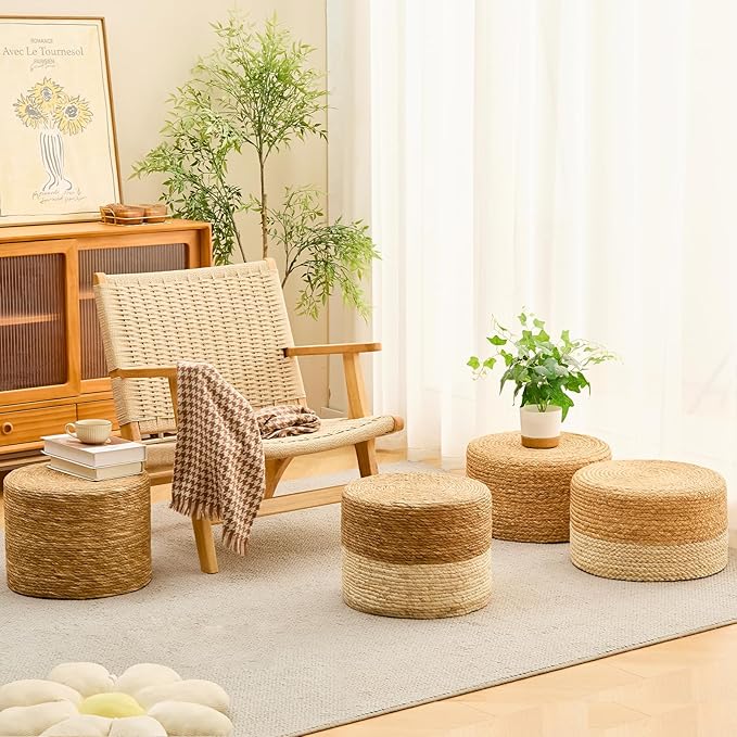 Wimarsbon Round Pouf Ottoman, Natural Hand Knitted Footrest Poof, Rustic Lounge Pouffe, Boho Pous Foot Stool, Accent Table or Seat (Natural Water Hyacinth, 17.7 * 17.7 * 9.84)