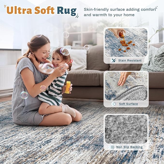 6x9 Area Rugs for Living Room, Washable Modern Abstract Large Area Rug Neutral Soft Non Slip Kids Rug Stain Resistant Indoor Carpet for Bedroom Nursery Dining Room Playroom Office(BlueWhite, 6'x9')