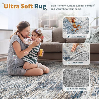 6x9 Area Rugs for Living Room, Washable Modern Abstract Large Area Rug Neutral Soft Non Slip Kids Rug Stain Resistant Indoor Carpet for Bedroom Nursery Dining Room Playroom Office(BlueWhite, 6'x9')