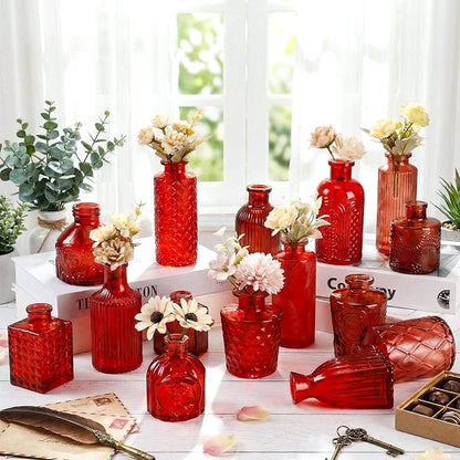 Yaomiao 30 Pcs Vases Bulk Colored Flower Glass Bud Vases Valentine Vintage Colored Glass Bottles Colorful Rustic Embossed for Home Wedding Table Decorations Gifts (Red Series)