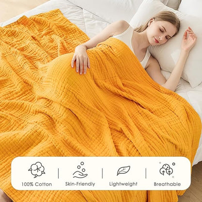 EMME Cotton Muslin Twin XL Blanket Breathable Gauze Blanket Soft Lightweight Blankets Adults Gifts for Women (Mustard Yellow, 66"x90")