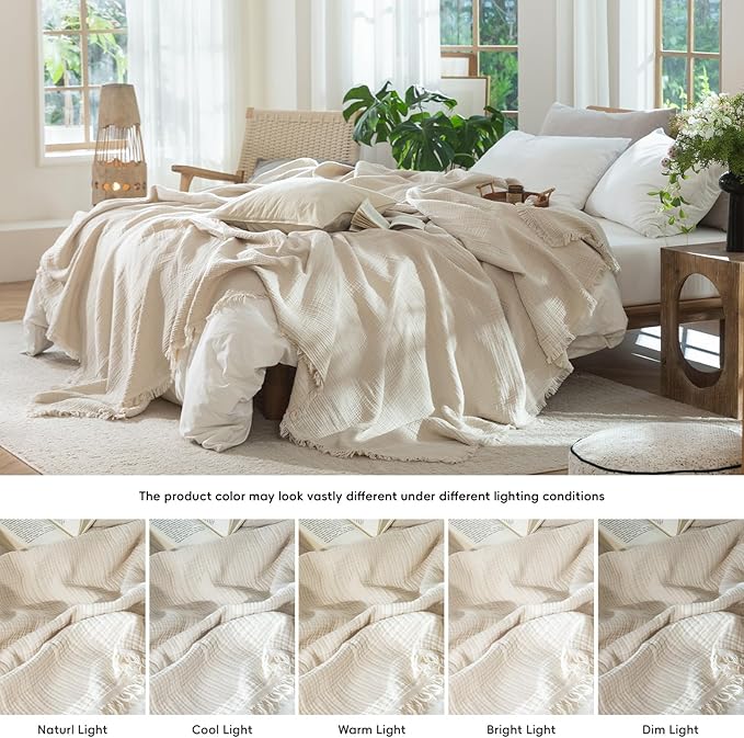 MooMee Muslin Blanket - 100% Cotton 4-Layer Gauze Throw Blanket with All-Around Fringe, Ultra-Soft Breathable Lightweight Cooling Decorative for Bed, Sofa & Couch (Beige,Throw 60" x 50")