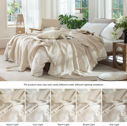 MooMee Muslin Blanket - 100% Cotton 4-Layer Gauze Throw Blanket with All-Around Fringe, Ultra-Soft Breathable Lightweight Cooling Decorative for Bed, Sofa & Couch (Beige,Throw 60" x 50")