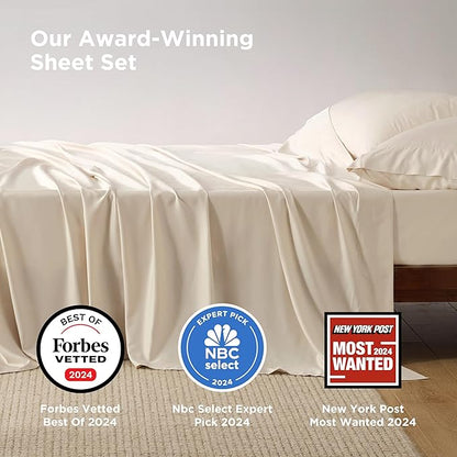 Bedsure King Size Sheets Set, Cooling Sheets for Hot Sleepers, Rayon Derived from Bamboo, Breathable & Soft, Deep Pocket Up to 16 Inches, Hotel Luxury Silky Bedding, Light Beige