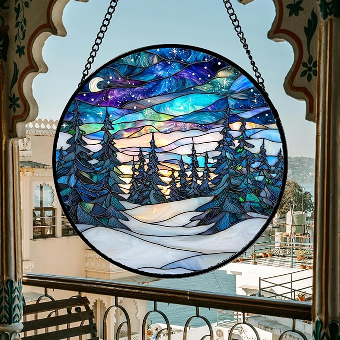 DASTOLL Stained Glass Window Hanging, Starry Sky Trees and Snow Sun Catchers Glass Panel Blue Suncatcher Decor for Birthday for Women, Men, Wife, Aunt, and Mom 14.9x14.9 in