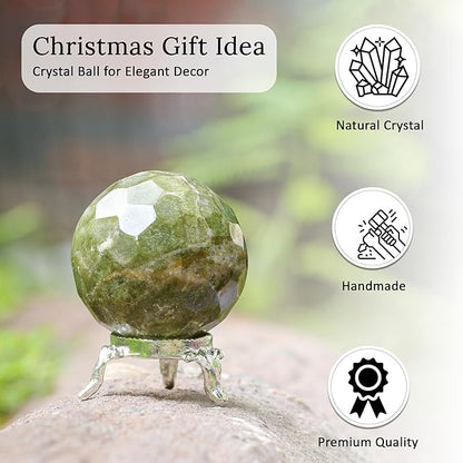 Crocon 50mm Vesuvianite diamond cut Stone sphere Ball with Metal Stand 1400+ Carats Gemstone Ball Healing ornament rock Sphere Sculpture Figurine for Fengshui Divination Crystal Home Decor Photography