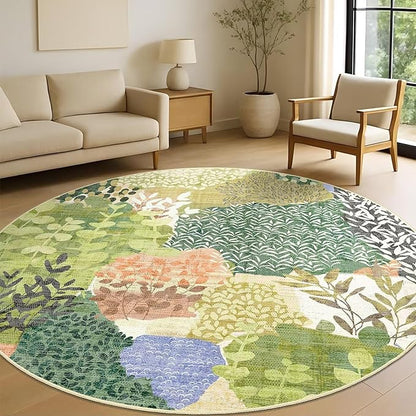 DEXDE Large Round Rug 9ft Washable Circle Area Rugs Non Slip Low Pile Boho Floral Circular Carpet for Bedroom Bathroom Entryway Kids Room Office Dining Room,Green