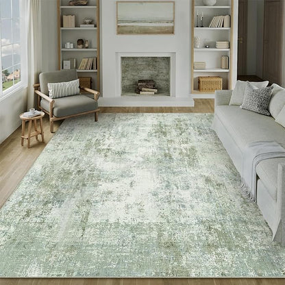 10x12 Washable Area Rug Sage Green Abstract Living Room Bedroom Carpet Neutral Modern Non-Slip Soft Low Pile Lightweight Vacuumable Large Throw Rug for Dining Room