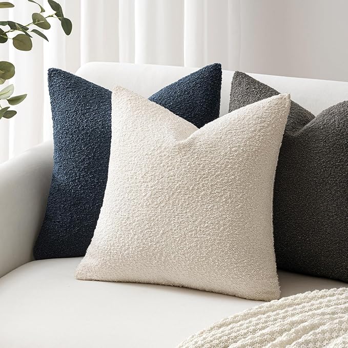 Woaboy Pack of 2 20x20 Inch Decorative Boucle Throw Pillow Covers Textured Square Pillowcaes Accent Solid Cozy Soft Cushion Covers Home Decor for Sofa Couch Living Room Home Decor,Natural Beige