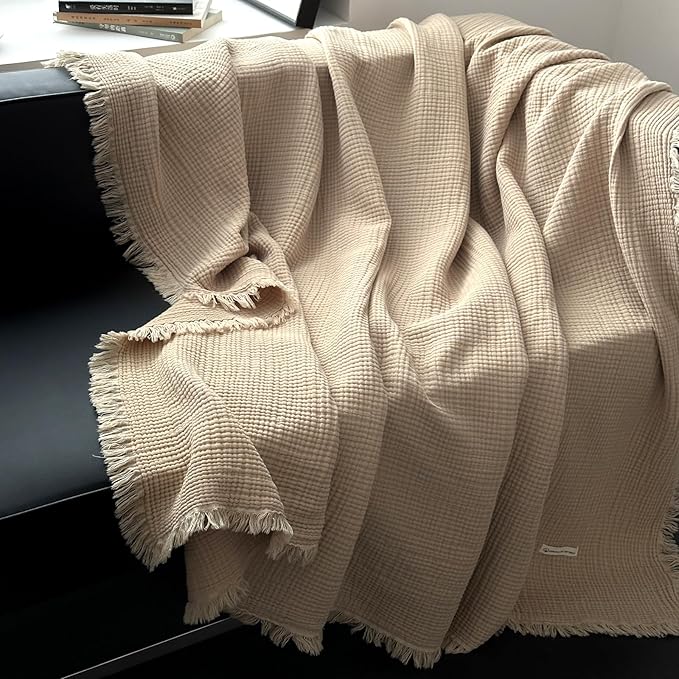 MorroMorn 100% Cotton Muslin Blanket with Fringes Twin Size 60"x80", 4-Layer Gauze Blankets for Adults, Boho Bedding Breathable Lightweight Ultra-Soft Farmhouse Decor for Couch Bed All Seasons, Khaki