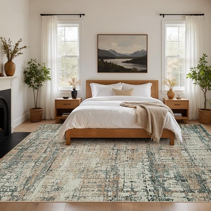 Area Rugs 8x10,Large Soft Rugs for Living Room, Washable, Modern Green Abstract Rugs for Bedroom Dining Room, Non-Slip Foldable Thin Indoor Carpet Stain Resistant(Moss Green)