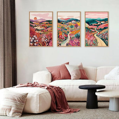 HLNIUC Boho Colorful Wall Art, Floral Mountain Framed Decor(16"x24"), Abstract Wildflower Nature 3 Piece Canvas Painting, Botanical Sunset Forest Art Print for Living Room, Bedroom, Office