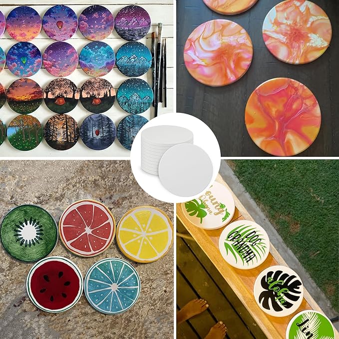 GNIEMCKIN 60 Pieces 4 Inch Round Blank Ceramic Coasters, Unglazed Ceramic Tiles Coasters, Ceramic Tiles with Cork Backing Pads for Painting, DIY Crafts, Mosaics, Circular, White.