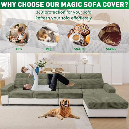 MAXIJIN Couch Cushion Covers for Sectional Sofa, Stretch Sofa Cushion Cover Washable Furniture Protector with Elastic Bottom & Non-Slip Strap for Pets Kids (3PC Seat Cover, Army Green)