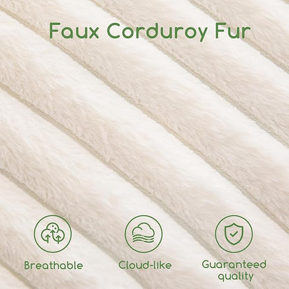 HIGOGOGO Round Stuffed Pouf Ottoman, Stripe Faux Fur Poufs with Foam Chunk Filling, Furry and Fluffy Pouf Foot Stool Storage Ottoman, 26 X 18 Floor Poufs Foot Rest for Living Room, Beige