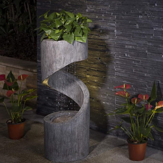 Glitzhome Tiered Outdoor Water Fountain with LED Light, Curved Outdoor Fountain Waterfall with Stone Planter, Freestanding Spiral Outdoor Garden Water Fountains, 31.3”H