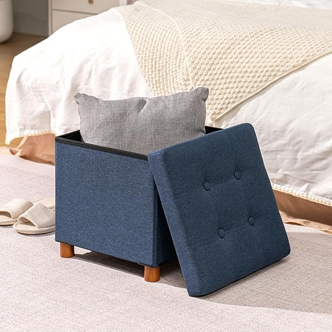 PINPLUS Storage Ottoman Cube, White Linen Footrest with Wooden Legs, Foldable Fabric Footrest, Comfortable Seat with Lid, Ottoman with Storage for Living Room, 15" x 15" x 15"，Blue